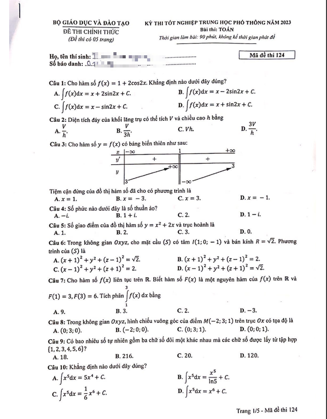 Gợi ý đáp án đề thi Toán tốt nghiệp THPT 2023 - Ảnh 1.