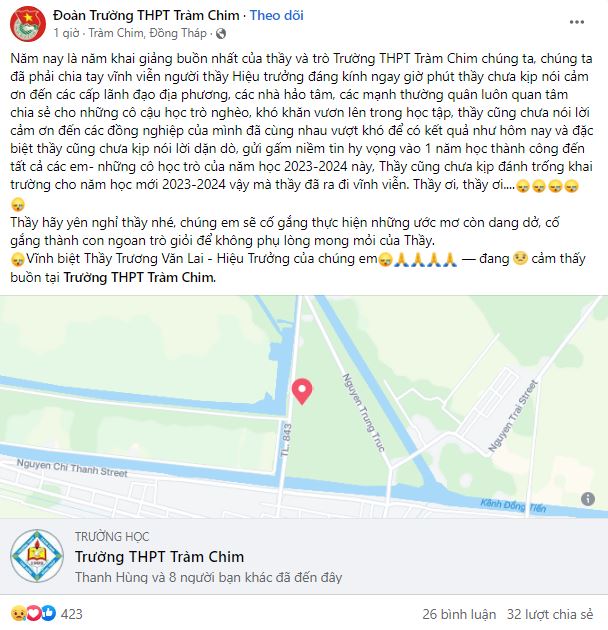 Đồng Th&aacute;p: Hiệu trưởng đột quỵ tử vong trong ng&agrave;y khai giảng - Ảnh 1.