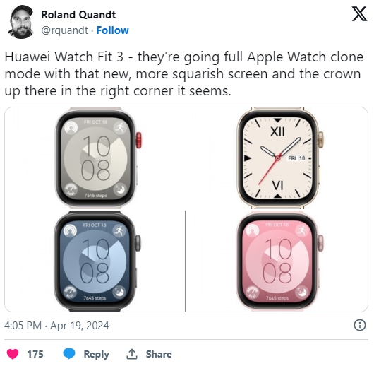 Huawei Watch Fit 3 mượn thiết kế từ Apple Watch? - Ảnh 1.