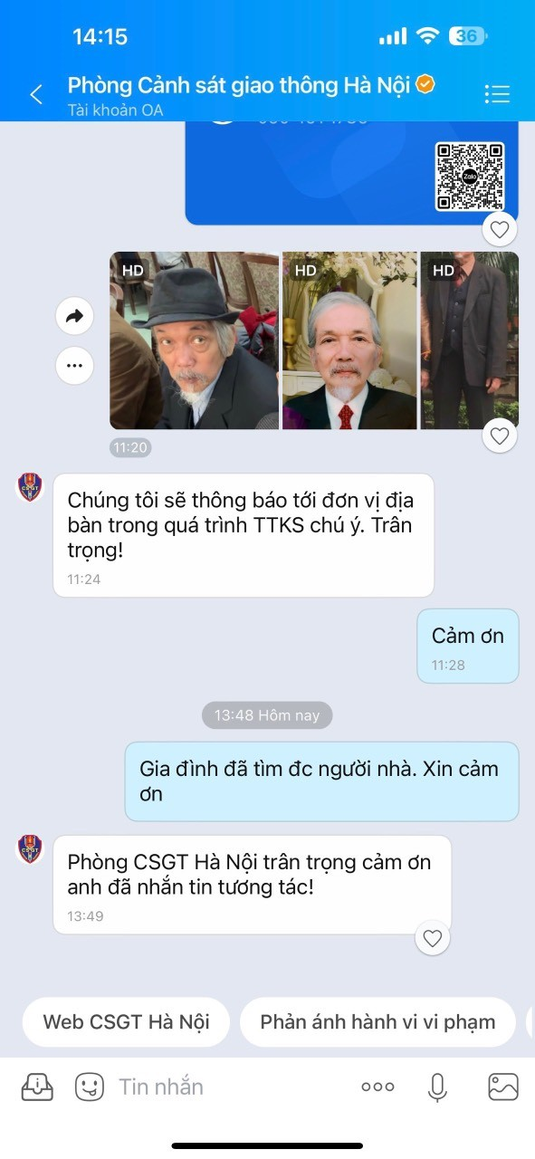 Zalo của CSGT Hà Nội hỗ trợ cụ ông 75 tuổi đi lạc về với gia đình - Ảnh 2.