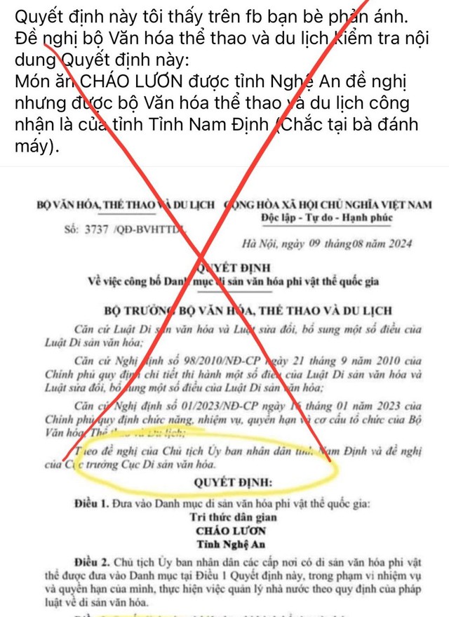 Bộ VHTTDL đề nghị xử lý thông tin sai sự thật việc tri thức dân gian “Cháo lươn” Nghệ An được đề cử Di sản văn hóa phi vật thể - Ảnh 1.