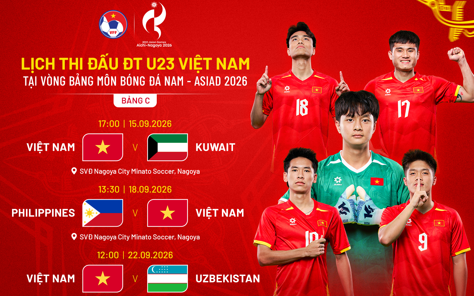 HLV Đinh Hồng Vinh nói gì sau chiến thắng của U23 Việt Nam- Ảnh 1. Lịch thi đấu bóng đá nam tại ASIAD 2026: U23 Việt Nam gặp U23 Kuwait trận ra quân
