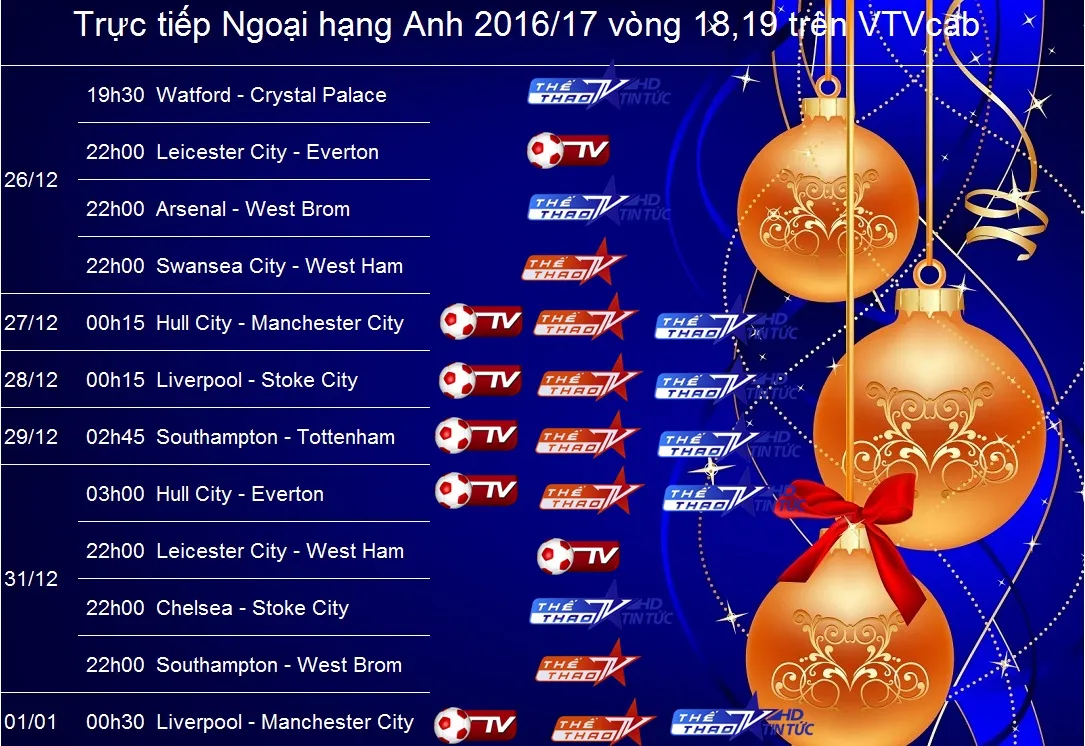 Lịch tường thuật trực tiếp bóng đá trên VTVcab cuối năm 2016, đầu năm 2017 - Ảnh 1.