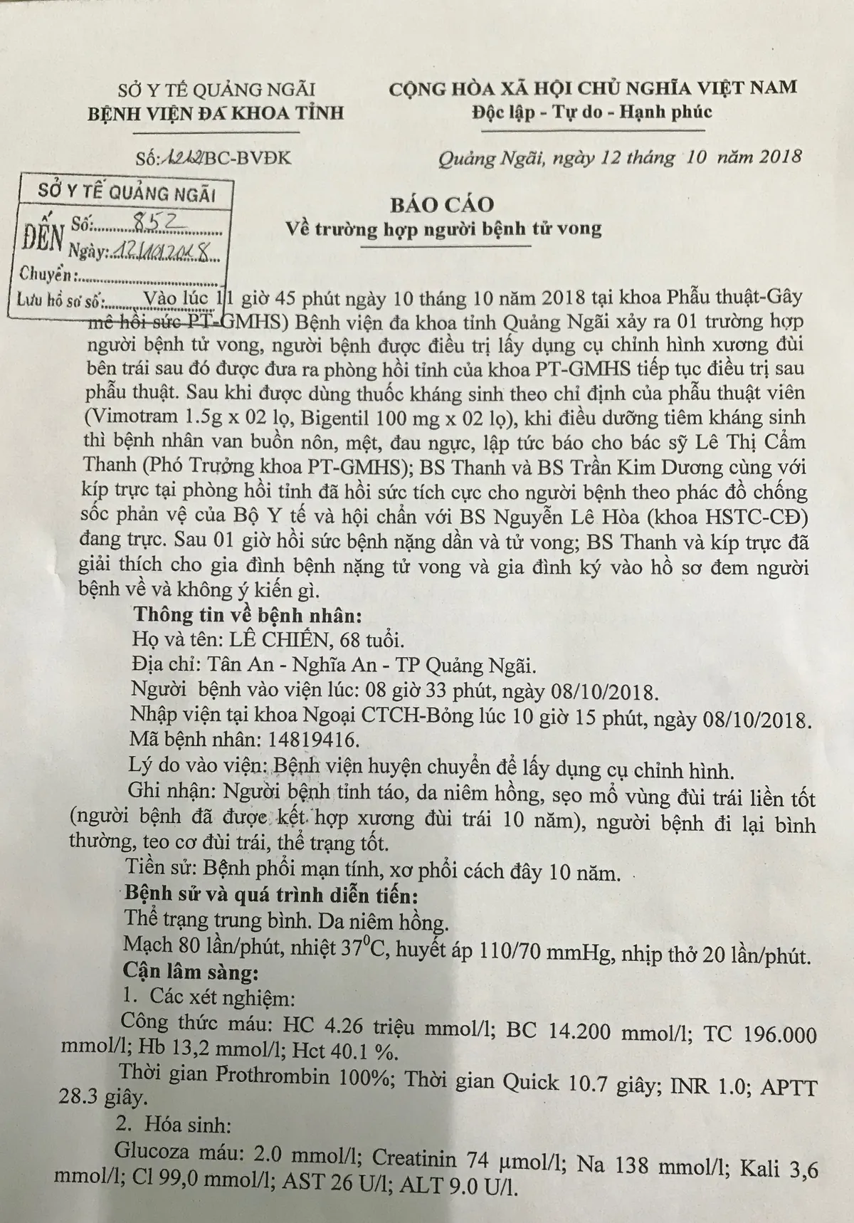 Người đàn ông tử vong sau khi được mổ tháo dụng cụ chỉnh hình - Ảnh 1. Người đàn ông tử vong sau khi được mổ tháo dụng cụ chỉnh hình - Ảnh 1.