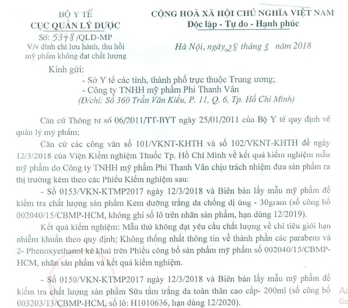 Đình chỉ lưu hành, thu hồi 2 sản phẩm mỹ phẩm của Công ty TNHH mỹ phẩm Phi Thanh Vân - Ảnh 1.