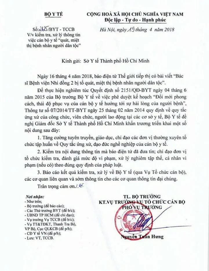 Bộ Y tế yêu cầu làm rõ phản ánh nhân viên y tế quát, miệt thị bệnh nhân người dân tộc tại TP.HCM - Ảnh 1. Bộ Y tế yêu cầu làm rõ phản ánh nhân viên y tế quát, miệt thị bệnh nhân người dân tộc tại TP.HCM - Ảnh 1.