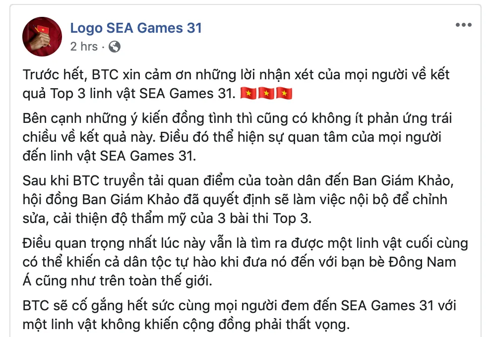 Nhận phản ứng trái chiều, BTC cuộc thi linh vật SEA Games 31 tuyên bố sẽ chỉnh sửa bài thi Top 3 - Ảnh 1. Nhận phản ứng trái chiều, BTC cuộc thi linh vật SEA Games 31 tuyên bố sẽ chỉnh sửa bài thi Top 3 - Ảnh 1.