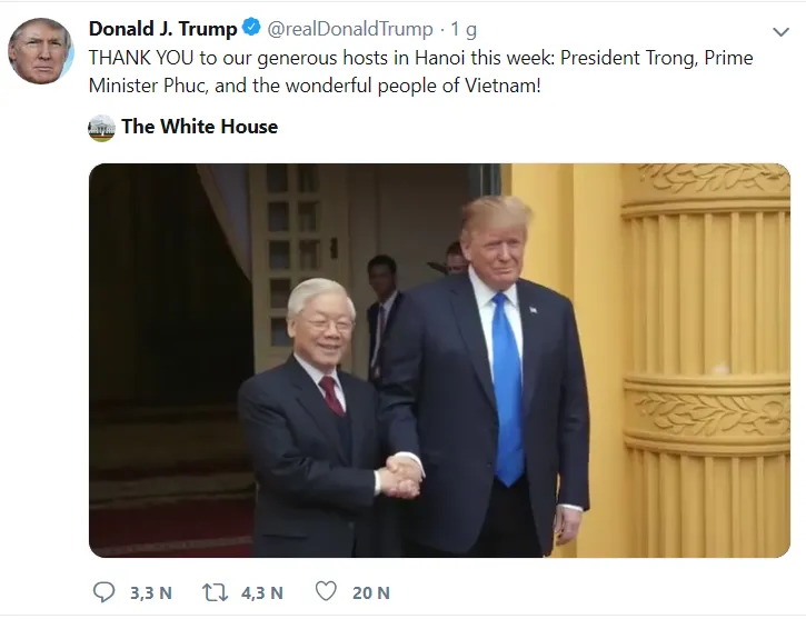 Tổng thống Donald Trump lại đăng Twitter cảm ơn Việt Nam - Ảnh 1.