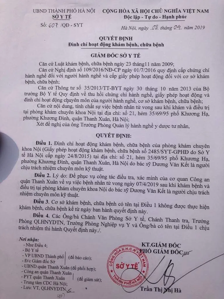 Đình chỉ hoạt động phòng khám tư nơi có bệnh nhân tử vong sau truyền dịch - Ảnh 1. Đình chỉ hoạt động phòng khám tư nơi có bệnh nhân tử vong sau truyền dịch - Ảnh 1.