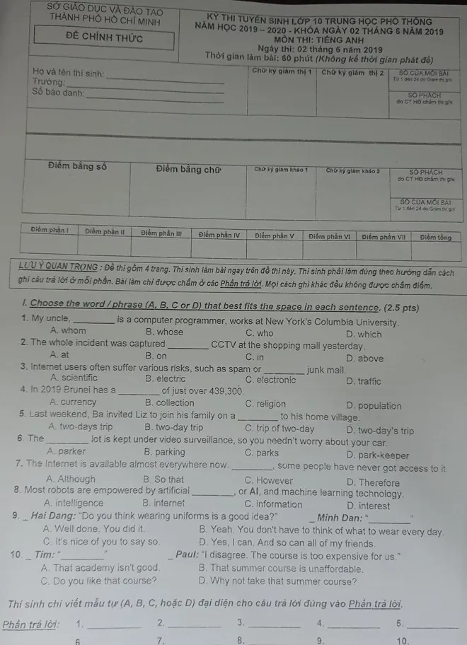 Đáp án đề thi vào lớp 10 môn tiếng Anh năm 2019 tại TP.HCM - Ảnh 1.