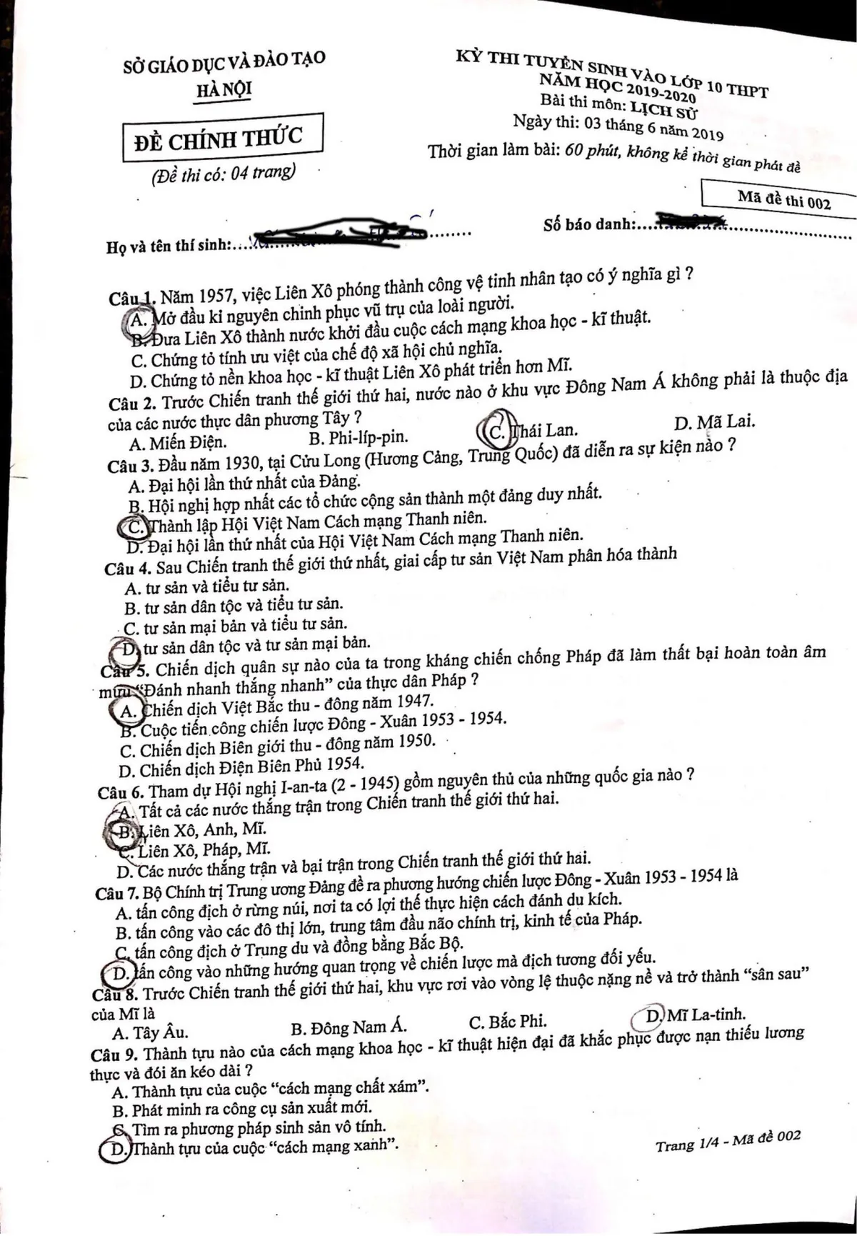 Đáp án đề thi môn Lịch sử vào lớp 10 năm 2019 tại Hà Nội - Ảnh 1.