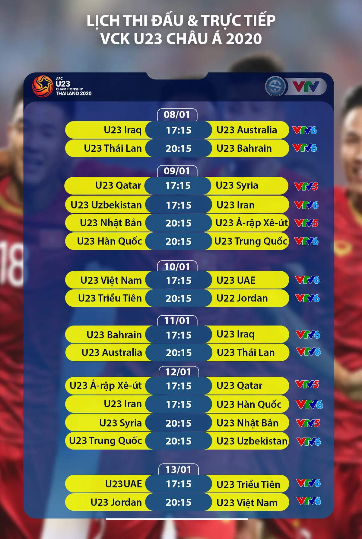 CHÍNH THỨC: Lịch thi đấu và trực tiếp VCK U23 châu Á 2020 trên VTV - Ảnh 1. CHÍNH THỨC: Lịch thi đấu và trực tiếp VCK U23 châu Á 2020 trên VTV - Ảnh 1.