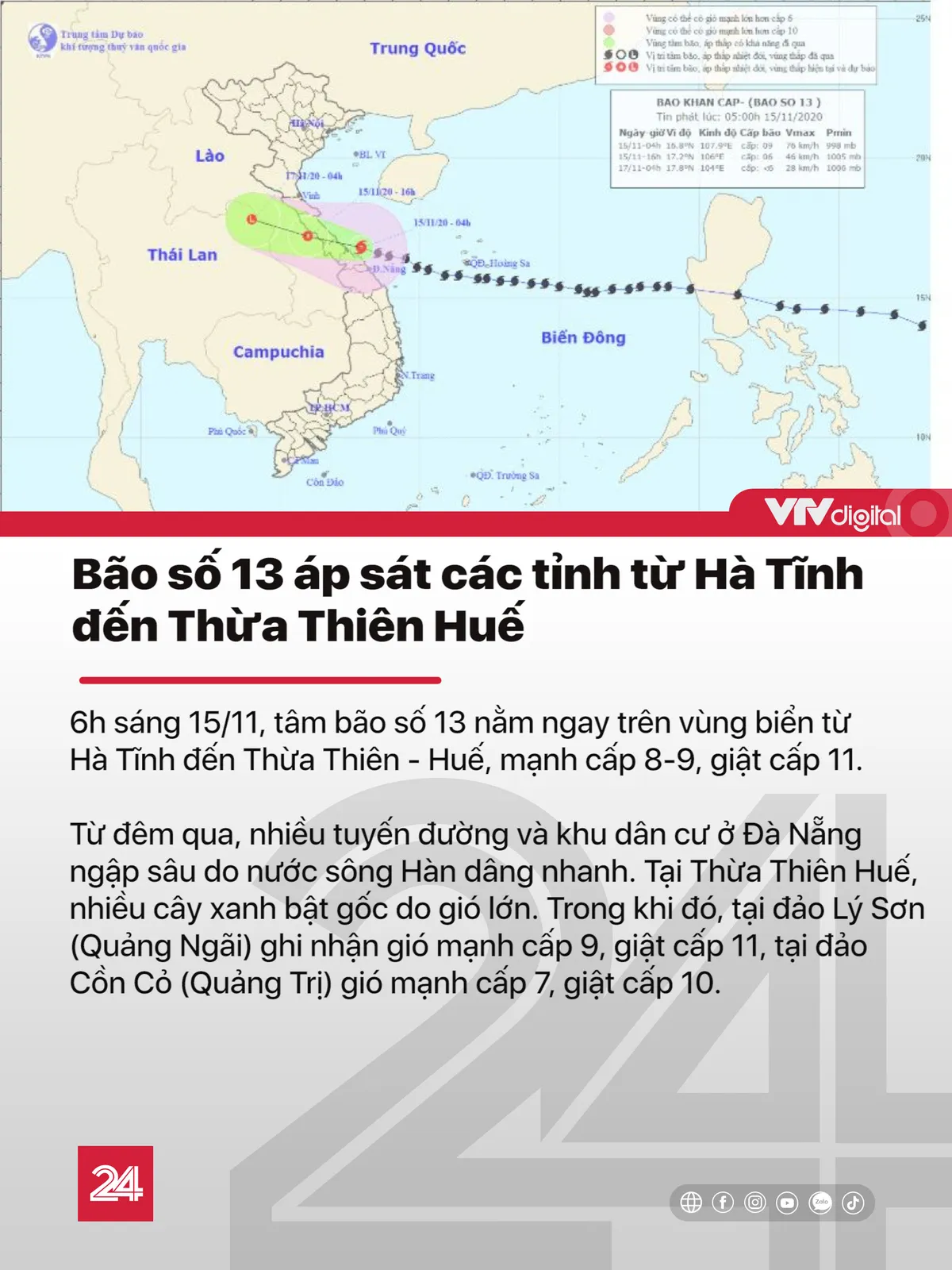 Tin nóng đầu ngày 15/11: Bão số 13 áp sát đất liền, ảnh hưởng mạnh đến miền Trung - Ảnh 1.