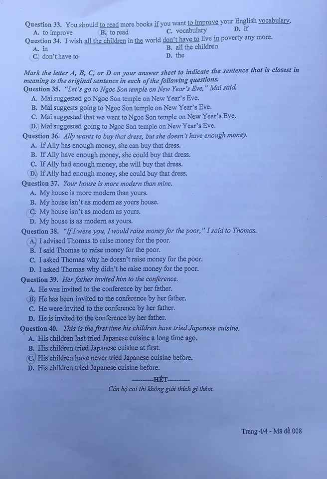 CHÍNH THỨC: Đề thi môn tiếng Anh vào lớp 10 THPT năm 2020 tại Hà Nội - Ảnh 4.