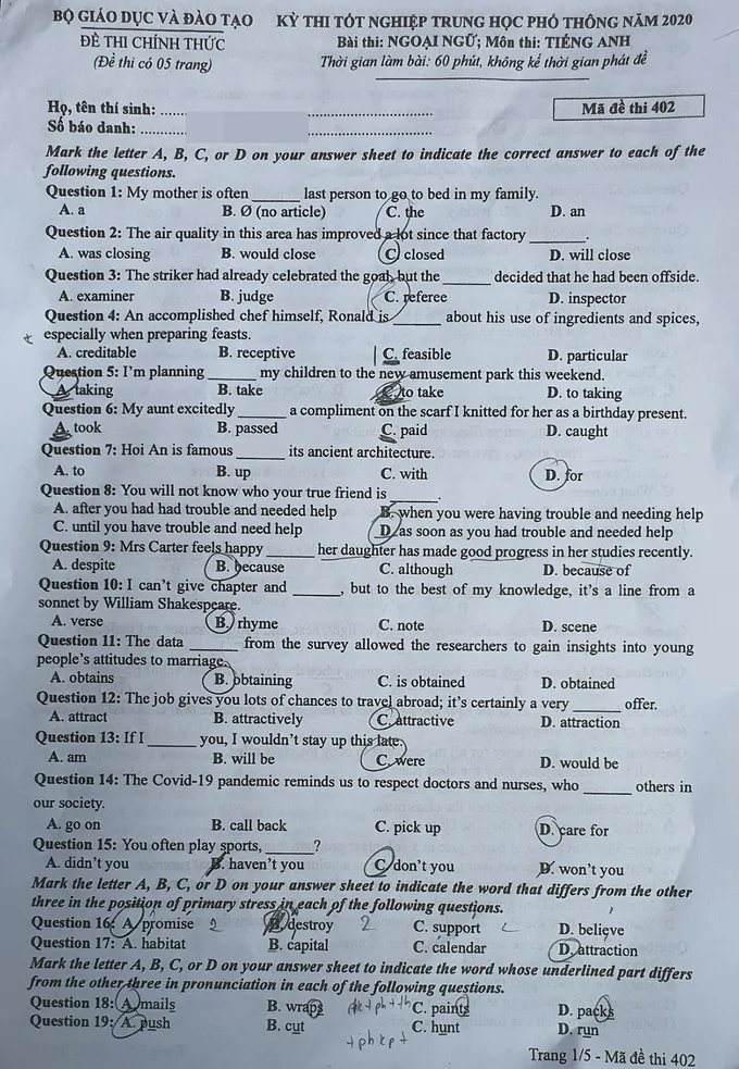Đề tiếng Anh chính thức kỳ thi tốt nghiệp THPT 2020 - Ảnh 6.