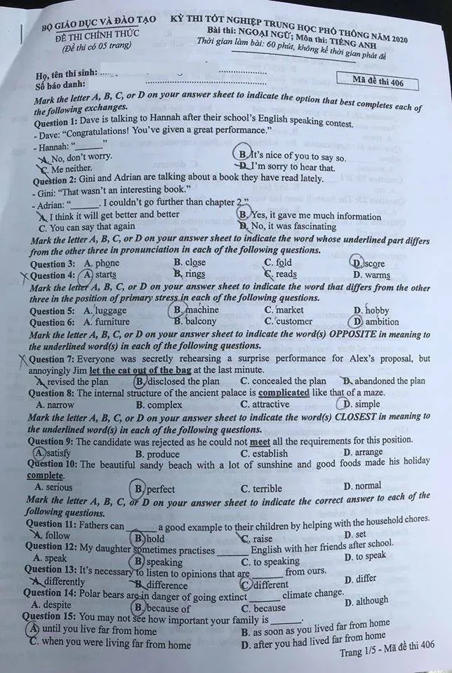 Đề tiếng Anh chính thức kỳ thi tốt nghiệp THPT 2020 - Ảnh 1.
