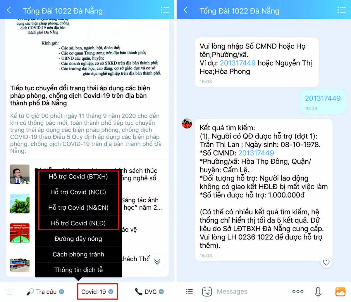 Người dân Đà Nẵng có thể nhận kết quả hỗ trợ mùa dịch COVID-19 qua Zalo - Ảnh 1.