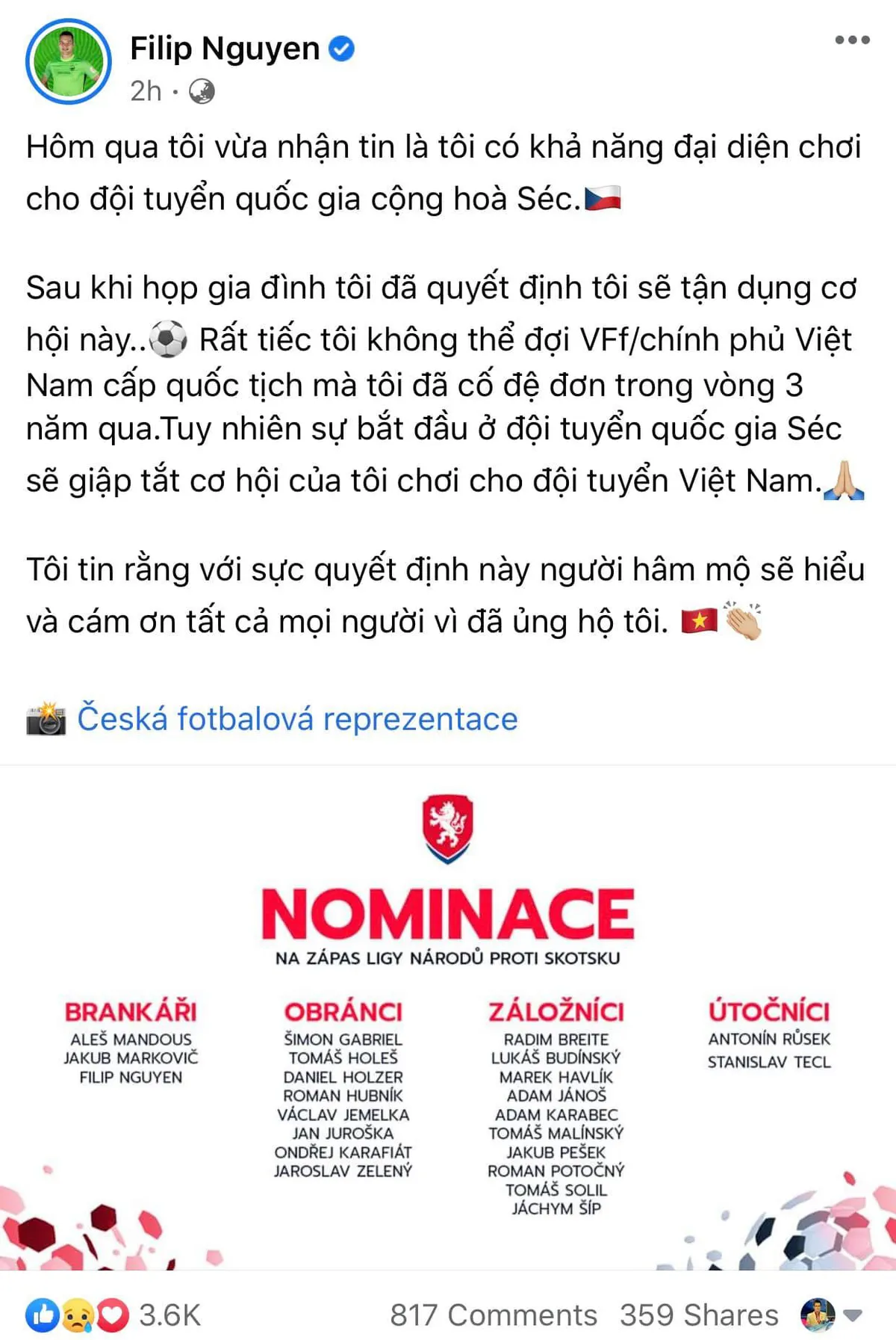 Filip Nguyễn được triệu tập lên ĐT CH Séc - Ảnh 2. Filip Nguyễn được triệu tập lên ĐT CH Séc - Ảnh 2.