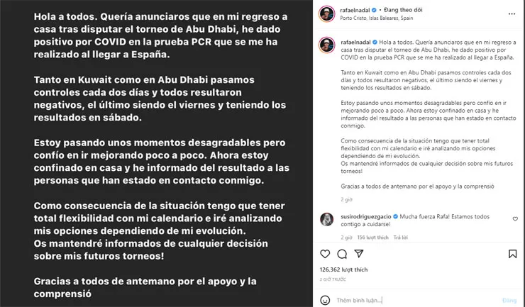 Rafael Nadal dương tính với COVID-19 - Ảnh 1. Rafael Nadal dương tính với COVID-19 - Ảnh 1.