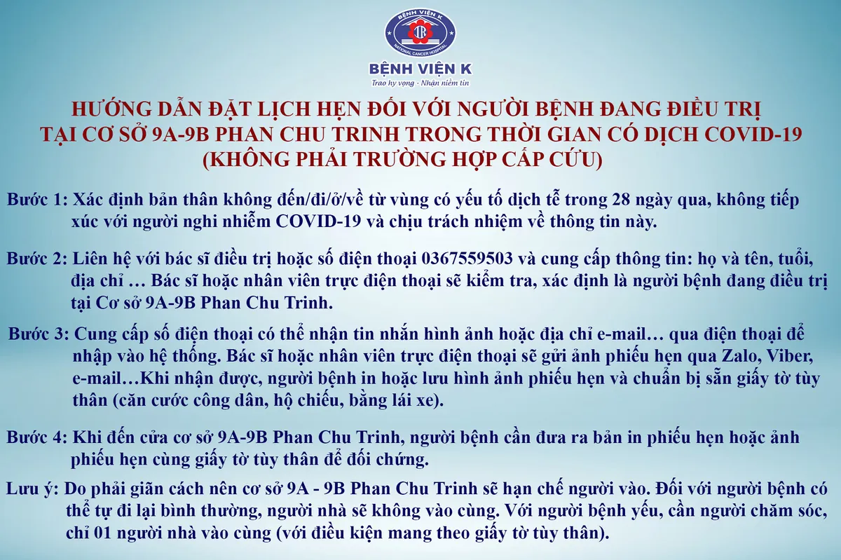 Người bệnh khi đi khám tại Bệnh viện K cơ sở Phan Chu Trinh, Tam Hiệp cần lưu ý gì? - Ảnh 2. Người bệnh khi đi khám tại Bệnh viện K cơ sở Phan Chu Trinh, Tam Hiệp cần lưu ý gì? - Ảnh 2.