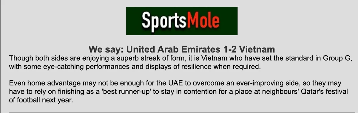 Báo Anh tin ĐT Việt Nam thắng ĐT UAE trong trận chung kết bảng G - Ảnh 2. Báo Anh tin ĐT Việt Nam thắng ĐT UAE trong trận chung kết bảng G - Ảnh 2.