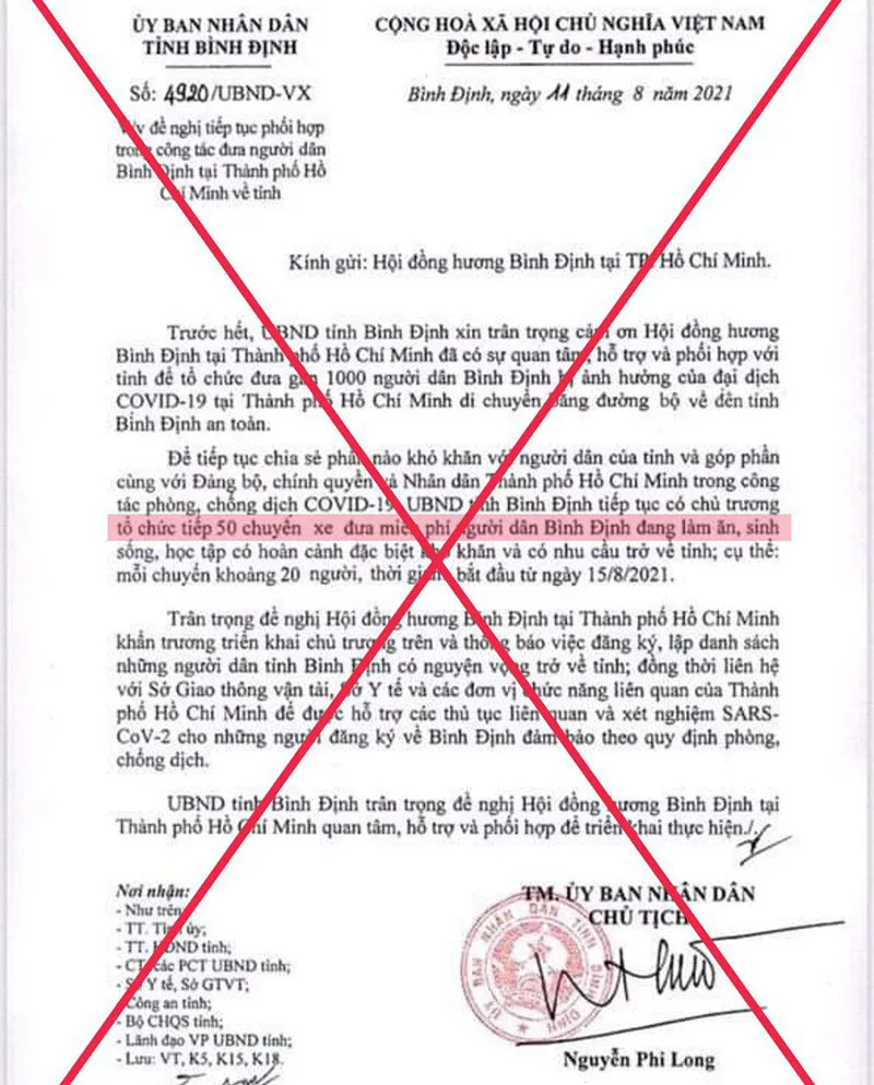 Văn bản Bình Định tổ chức 50 chuyến xe miễn phí đưa công dân về quê là giả mạo - Ảnh 1.