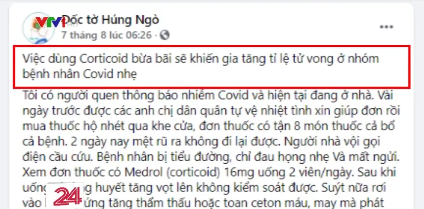 Cảnh báo nguy hiểm từ việc sử dụng Corticoid cho F0 không đúng cách - Ảnh 1.