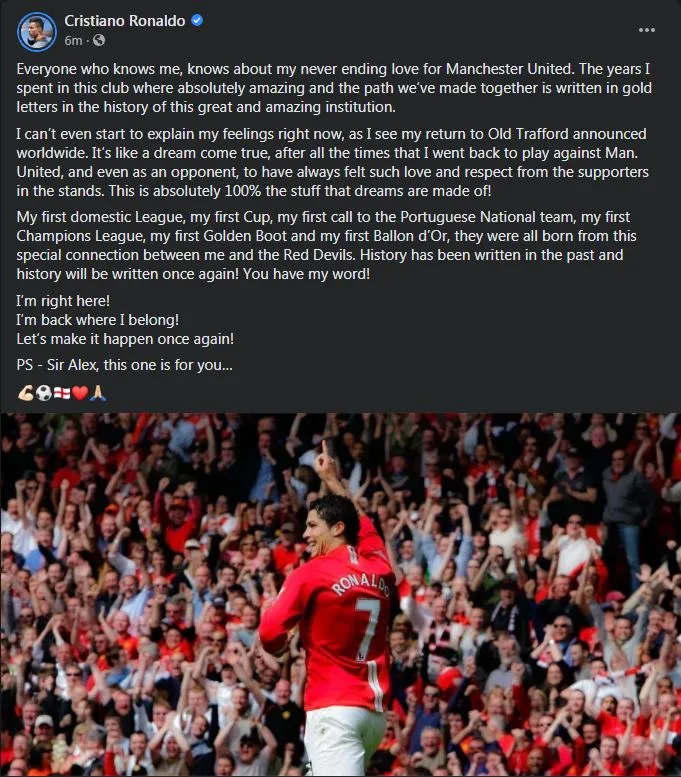 Ronaldo viết t&acirc;m thư gửi Sir Alex Ferguson - Ảnh 1.