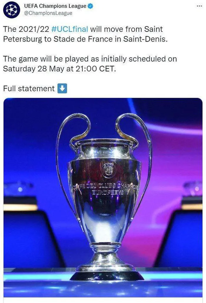 UEFA đổi địa điểm đá chung kết Champions League 2021/22 - Ảnh 1. UEFA đổi địa điểm đá chung kết Champions League 2021/22 - Ảnh 1.