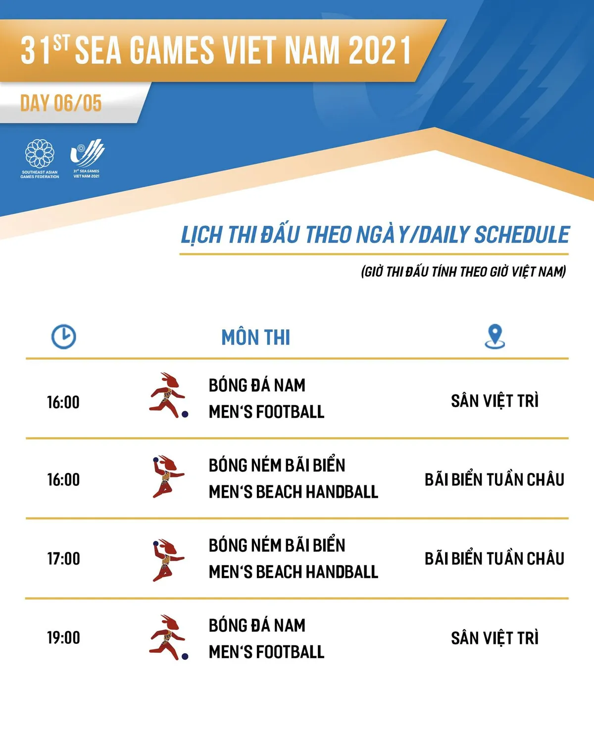 Lịch thi đấu SEA Games 31 ngày 6/5: Bóng đá nam và bóng ném bãi biển chính thức tranh tài - Ảnh 3. Lịch thi đấu SEA Games 31 ngày 6/5: Bóng đá nam và bóng ném bãi biển chính thức tranh tài - Ảnh 3.