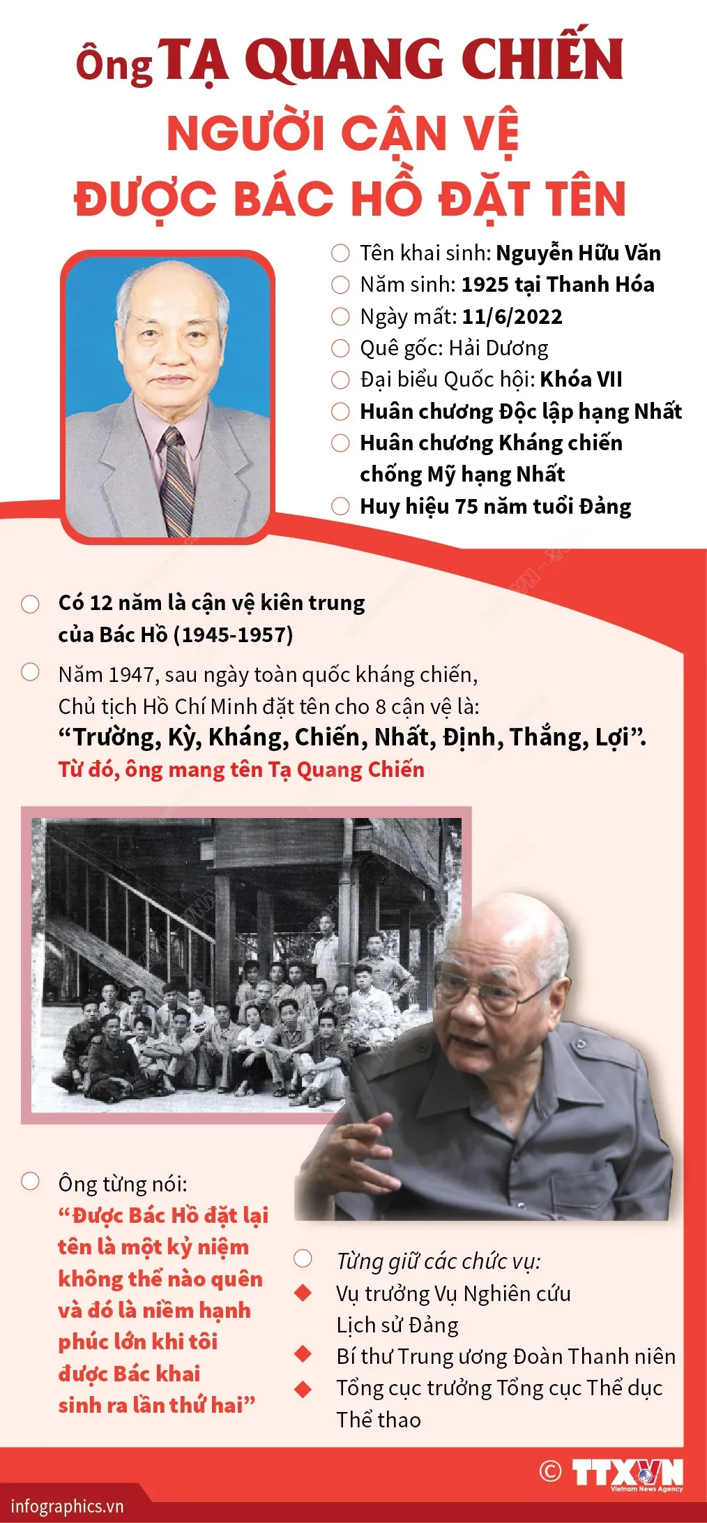 [INFOGRAPHIC] Ông Tạ Quang Chiến: Người cận vệ được Bác Hồ đặt tên - Ảnh 1.