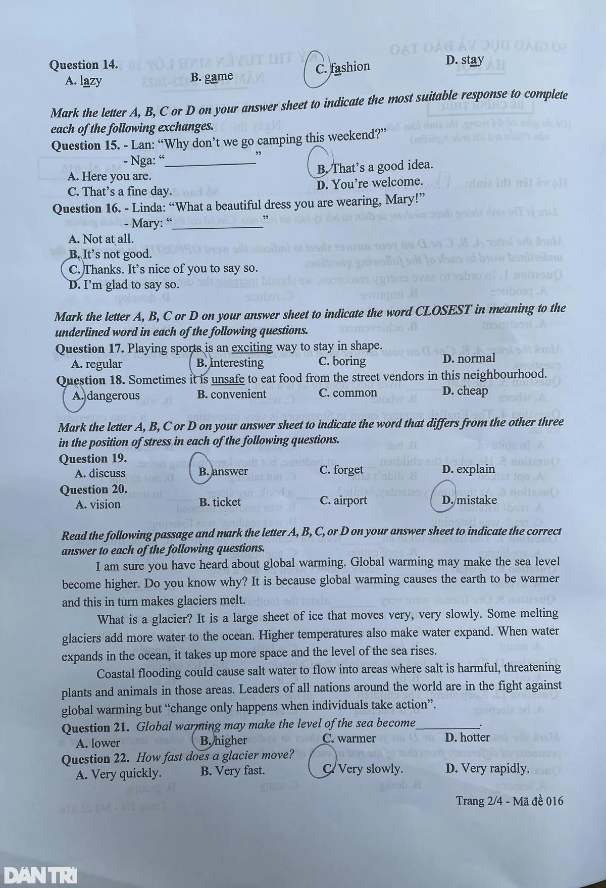 Hiện tượng nóng lên toàn cầu vào đề thi tiếng Anh lớp 10 tại Hà Nội - Ảnh 2.