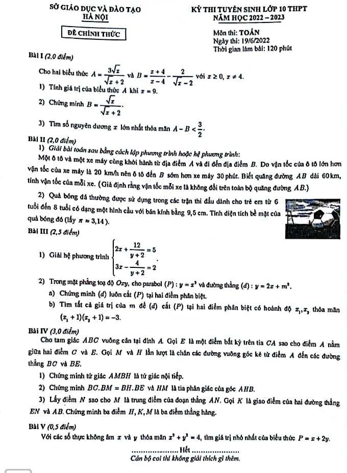 Đề thi môn Toán kỳ thi vào lớp 10 của Hà Nội - Ảnh 1.