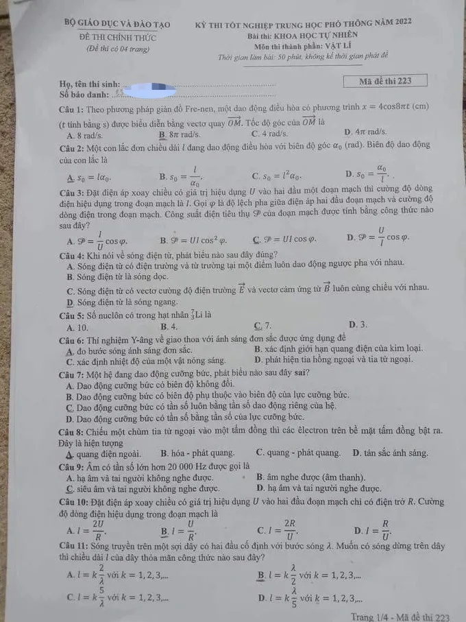 Đề thi môn Vật lý kỳ thi tốt nghiệp THPT 2022 - Ảnh 1.