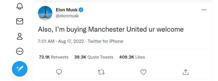 Tỷ phú Elon Musk quay xe: Mua Manchester United chỉ là lời nói đùa - Ảnh 1. Tỷ phú Elon Musk quay xe: Mua Manchester United chỉ là lời nói đùa - Ảnh 1.