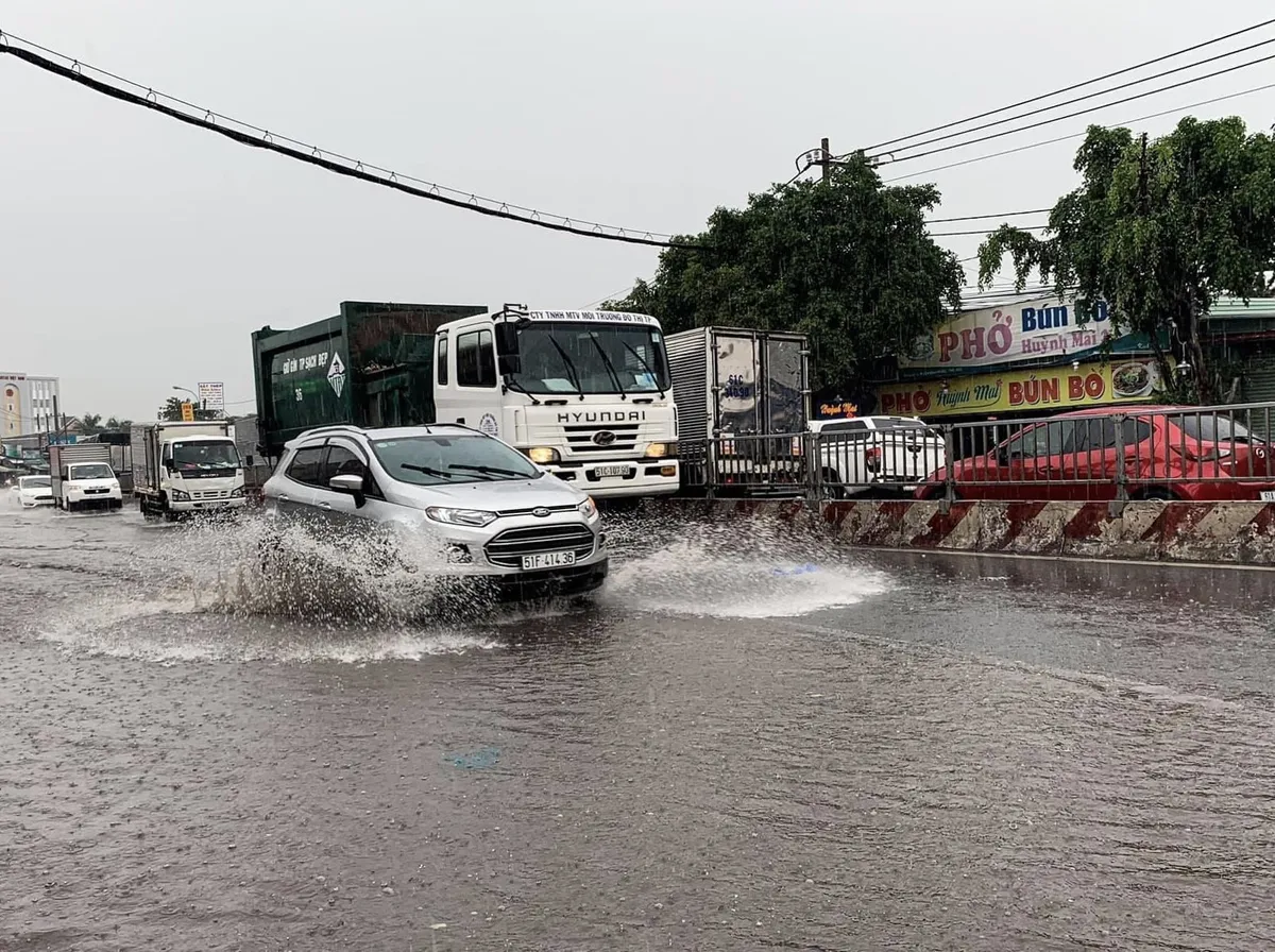 Mưa lớn, nhiều tuyến đường TP Hồ Chí Minh biến thành biển nước - Ảnh 1.