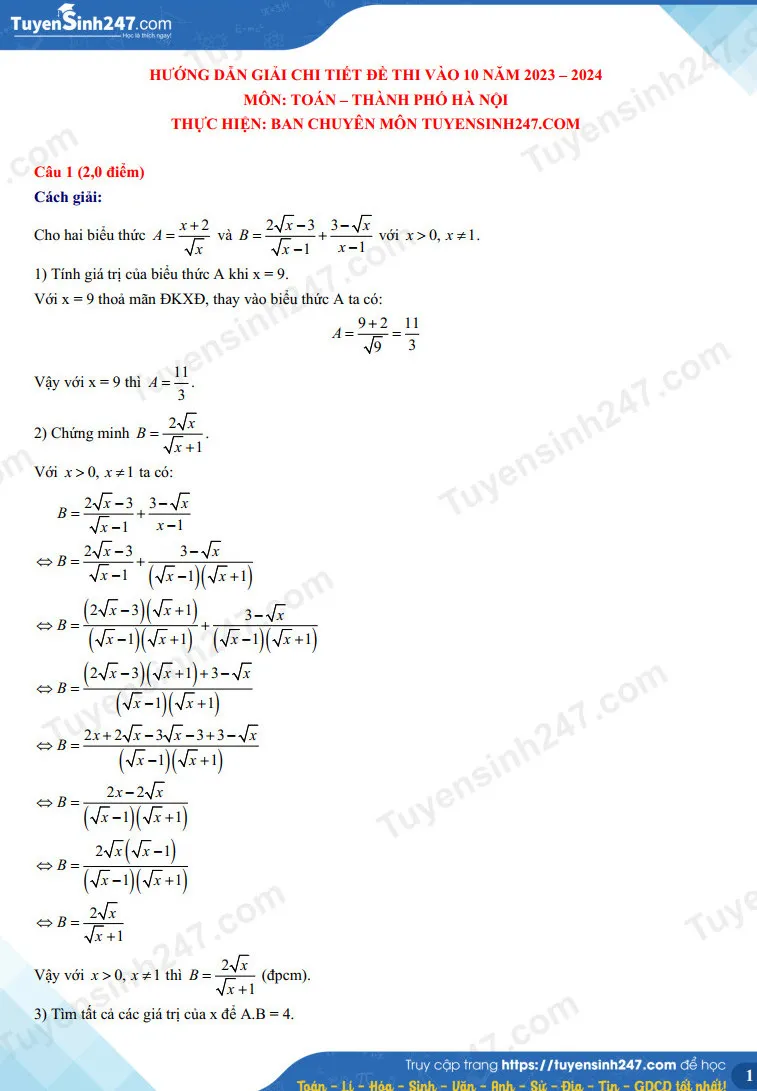 Đáp án gợi ý môn Toán thi lớp 10 tại Hà Nội năm 2023 - Ảnh 1.