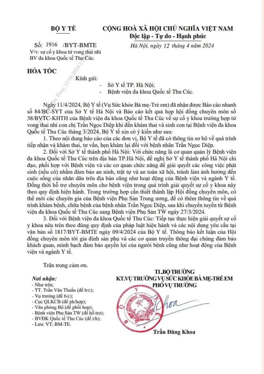 Vụ thai nhi tử vong ở H&agrave; Nội: Bộ Y tế ra c&ocirc;ng văn hỏa tốc tới Bệnh viện ĐKQT Thu C&uacute;c v&agrave; Sở Y tế H&agrave; Nội - Ảnh 1.