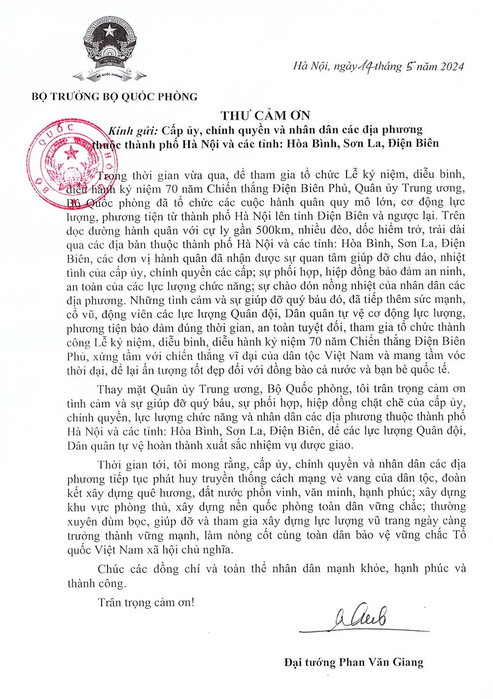 Bộ trưởng Bộ Quốc phòng gửi thư cảm ơn sau Lễ kỷ niệm 70 năm Chiến thắng Điện Biên Phủ - Ảnh 1.