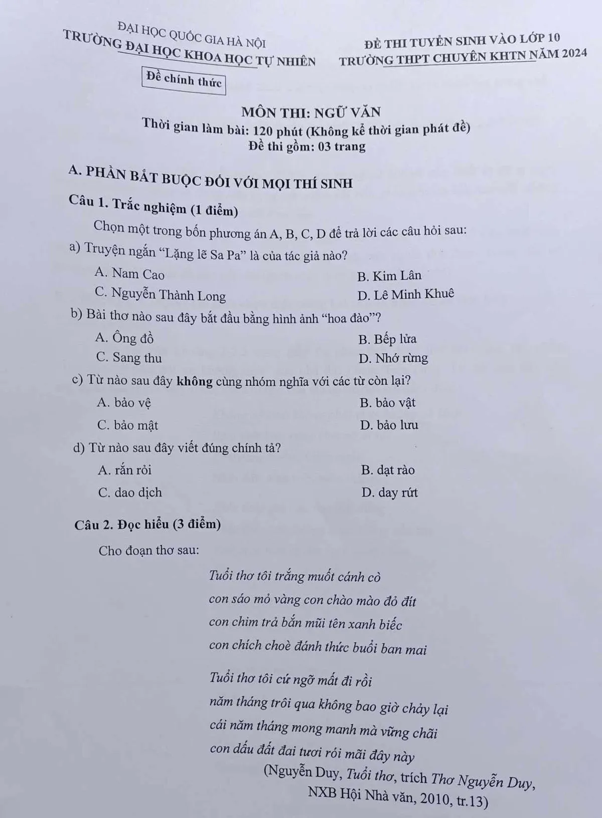 To&agrave;n bộ đề thi v&agrave;o lớp 10 m&ocirc;n ngữ văn trường THPH chuy&ecirc;n Khoa Học Tự Nhi&ecirc;n - Ảnh 1.