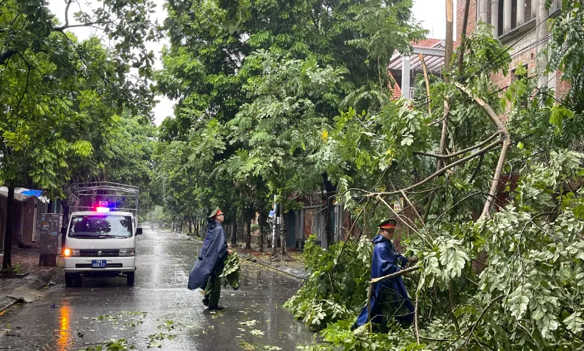 Cây cối, cột điện, đèn đường đổ gãy trên nhiều tuyến đường ở Nam Định - Ảnh 3.