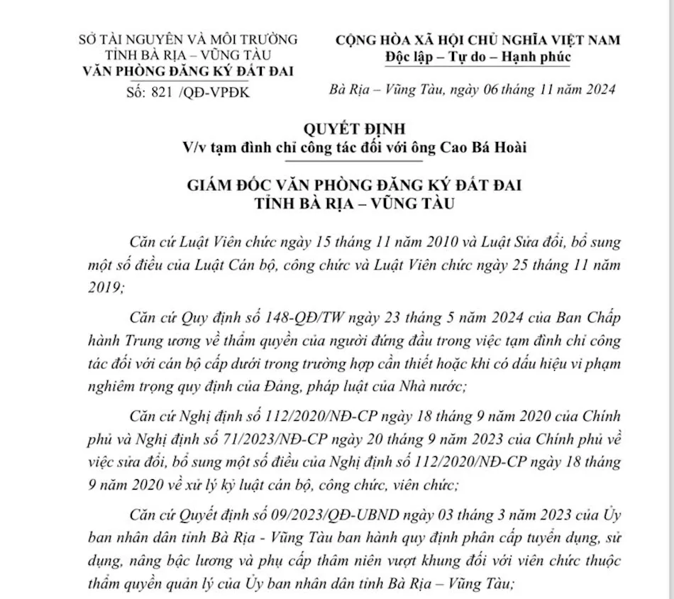 Bà Rịa - Vũng Tàu: Bắt một nhân viên Chi nhánh văn phòng Đăng ký đất đai ở Phú Mỹ - Ảnh 1.