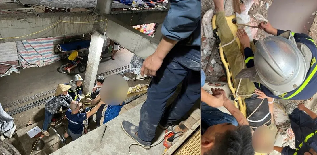 Kịp thời giải cứu công nhân bị bê tông đổ sập lên người - Ảnh 1.