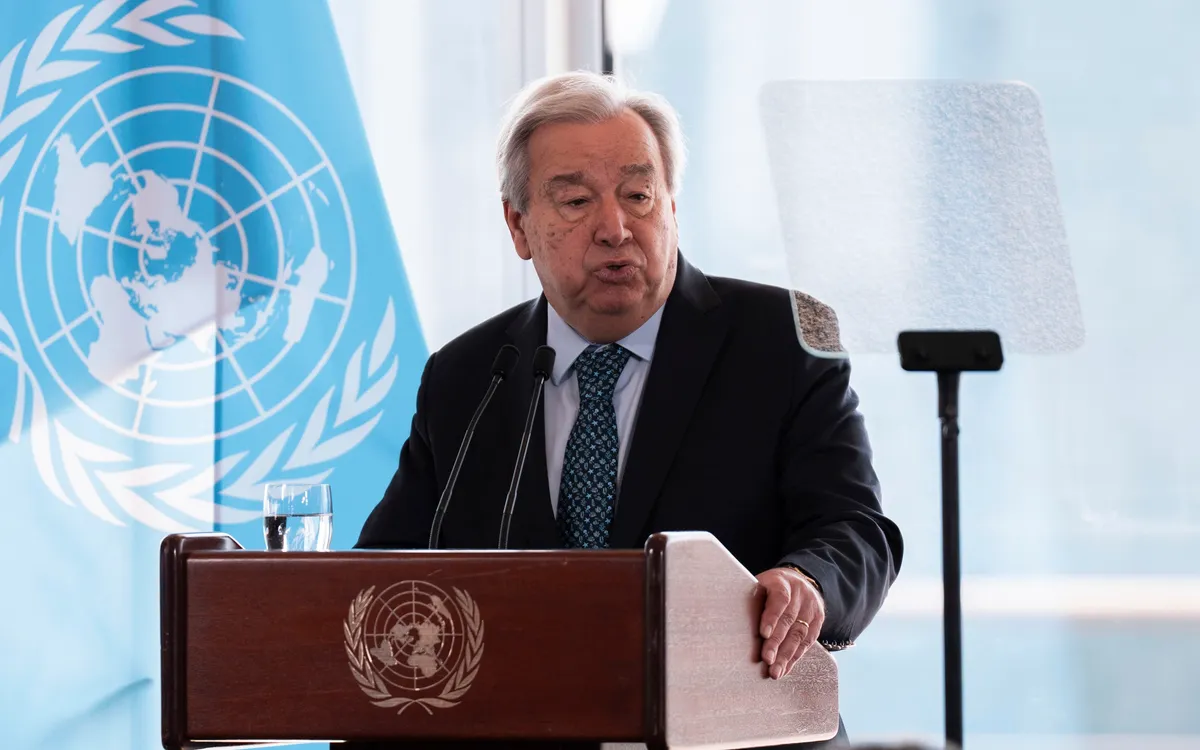 Tổng thư ký Liên hợp quốc António Guterres phát biểu về hành động khí hậu tại trụ sở LHQ ngày 22/7/2025 ở New York. (Ảnh: AP) Tổng thư ký Liên hợp quốc António Guterres phát biểu về hành động khí hậu tại trụ sở LHQ ngày 22/7/2025 ở New York. (Ảnh: AP)