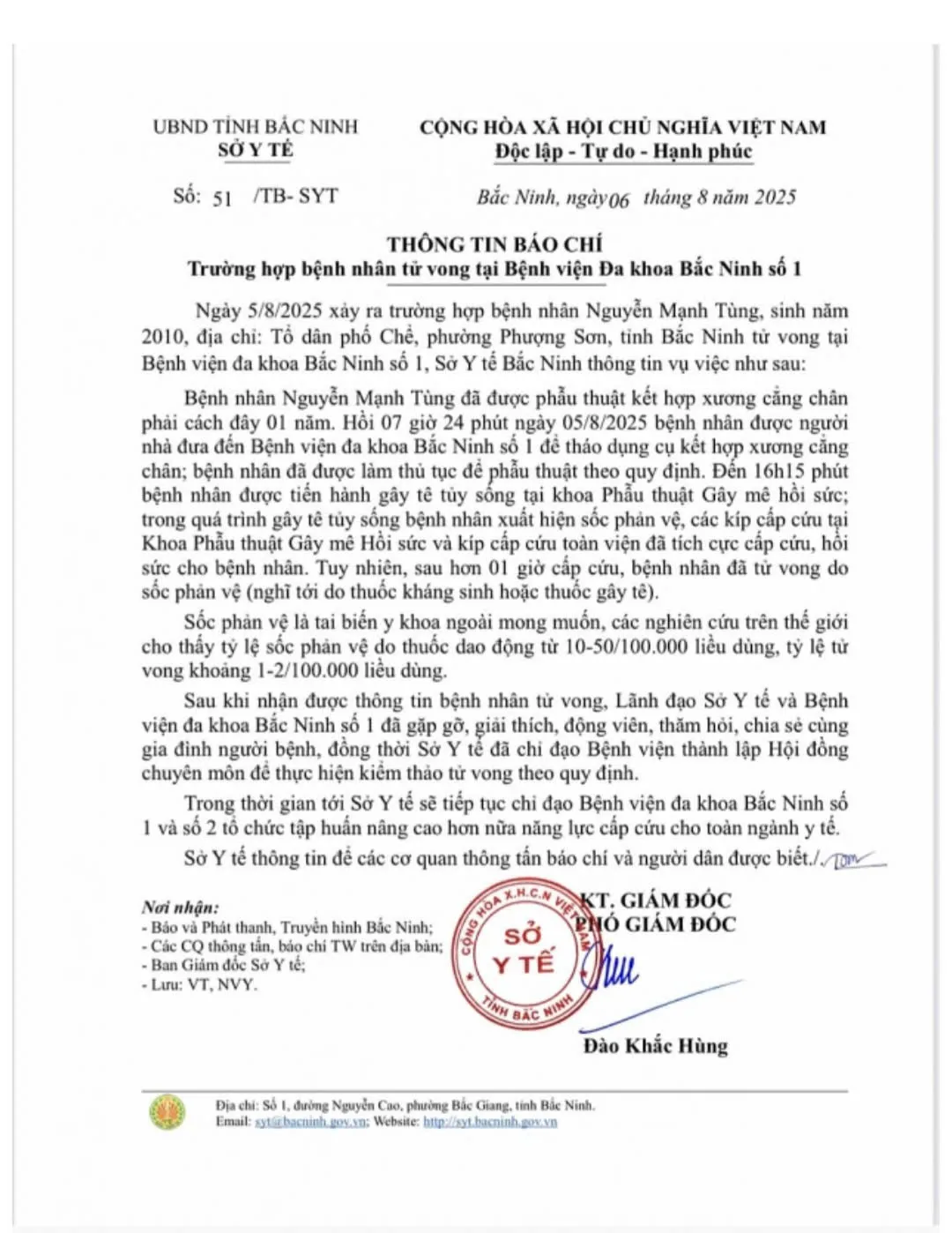 Bệnh nhân tử vong sau gây tê tủy sống tại Bệnh viện Đa khoa Bắc Ninh số 1 - Ảnh 1.