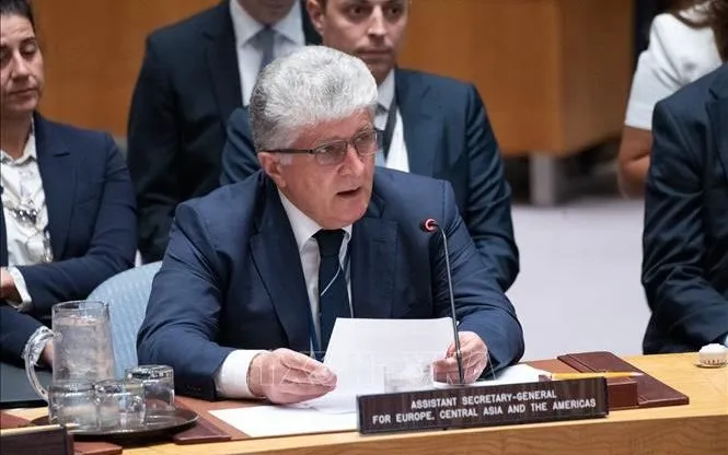 Trợ lý Tổng thư ký LHQ phụ trách châu Âu, Trung Á và Mỹ Miroslav Jenca phát biểu tại cuộc họp Hội đồng Bảo an LHQ ở New York, Mỹ ngày 5/8/2025. Ảnh: THX/TTXVN