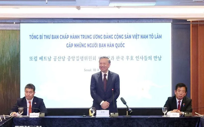Tổng Bí thư Tô Lâm phát biểu tại buổi gặp những người bạn Hàn Quốc. (Ảnh: Thống Nhất/TTXVN)