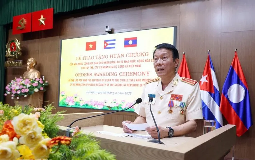 Đại tướng Lương Tam Quang, Ủy viên Bộ Chính trị, Bộ trưởng Bộ Công an Việt Nam phát biểu. (Ảnh: Phạm Kiên/TTXVN)