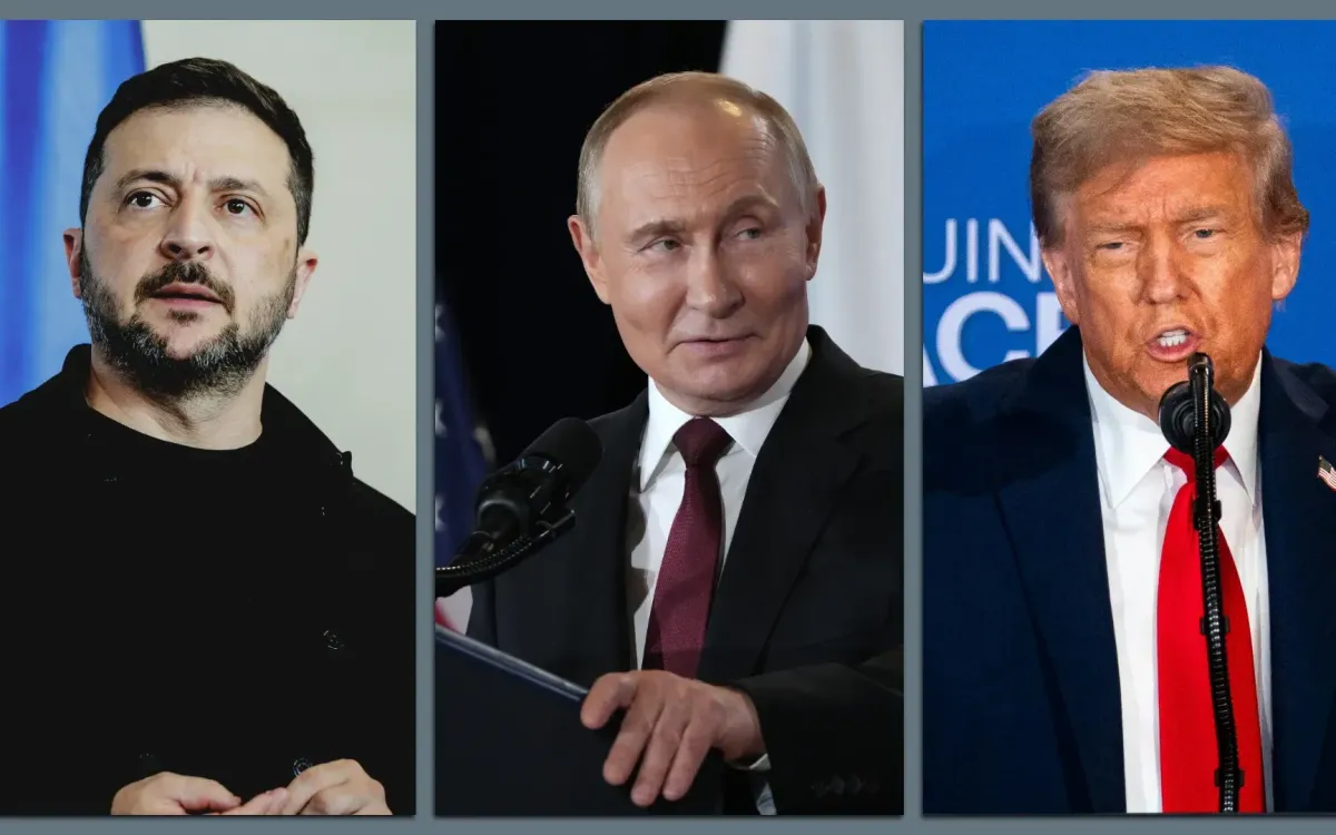 (Từ trái qua phải): Tổng thống Ukraine Zelensky, Tổng thống Nga Putin, Tổng thống Mỹ Trump (Ảnh: Bloomberg/Getty Images)