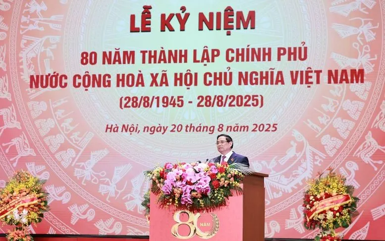 Thủ tướng Chính phủ Phạm Minh Chính trình bày diễn văn tại Lễ kỷ niệm 80 năm thành lập Chính phủ. Ảnh: VGP Thủ tướng Chính phủ Phạm Minh Chính trình bày diễn văn tại Lễ kỷ niệm 80 năm thành lập Chính phủ. Ảnh: VGP